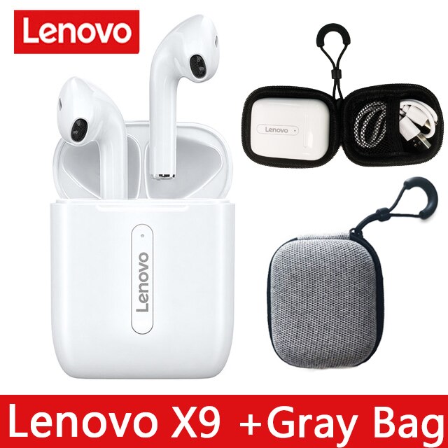 Lenovo X9 Vero Senza Fili di Bluetooth 5.0 Auricolare Touch di Controllo Dinamico HIFI Stereo Auricolari Vivavoce Auricolare Sport 300mAh: White ad Gray Bag