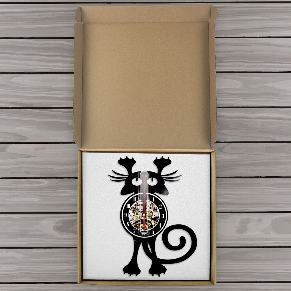 Animals Vinyl Record Wall Clock for Cat Fans Silent Watch Crazy Kitty Timepiece Night Light LED Lamp