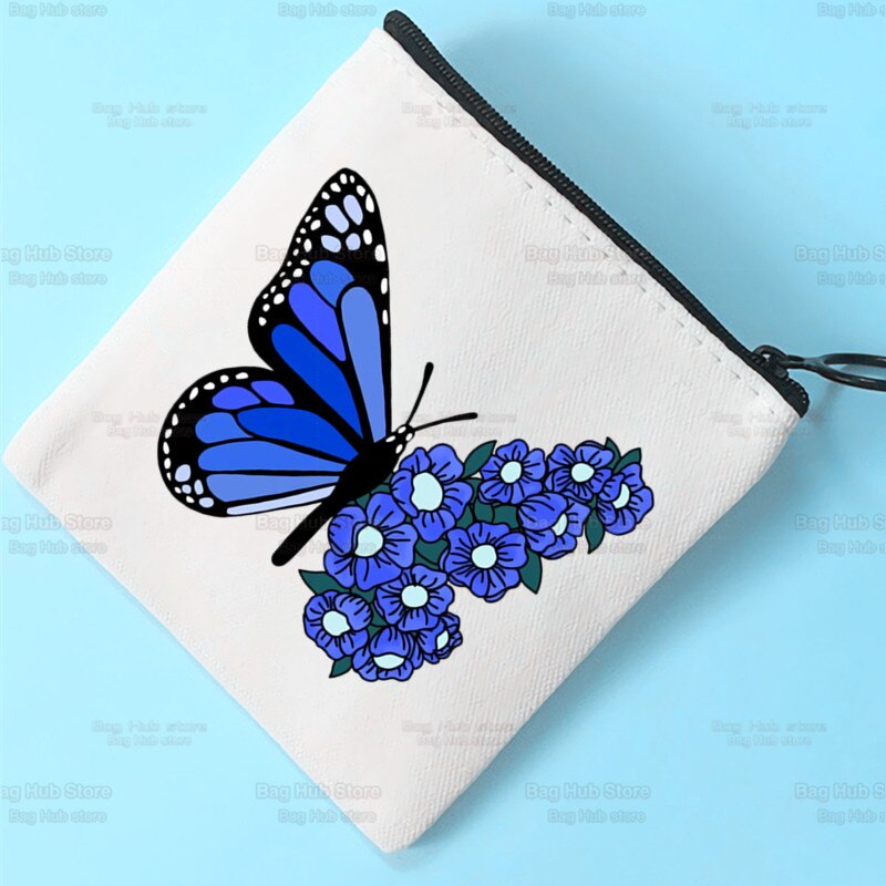 Blue Butterfly Color Flying Flower Cartoon Coin Purse Female Mini Canvas Art Cute Key Case Coin Purse Student Wallet
