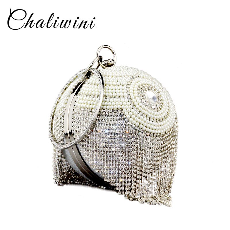 Chaliwini – sac fourre-tout en forme de bol argenté pour femmes, , perle perlée, fleur rayée, bracelets, pompon, sacoches
