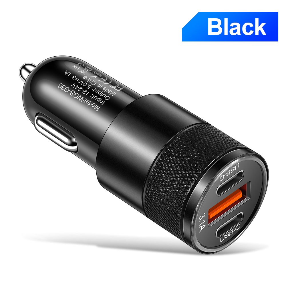 Cargador de coche 3.1A 1USB + 2 tipo C, adaptador de teléfono de carga rápida para Xiaomi, Huawei, cargador de teléfono, adaptador de coche, enchufe, encendedor de cigarrillos: UE