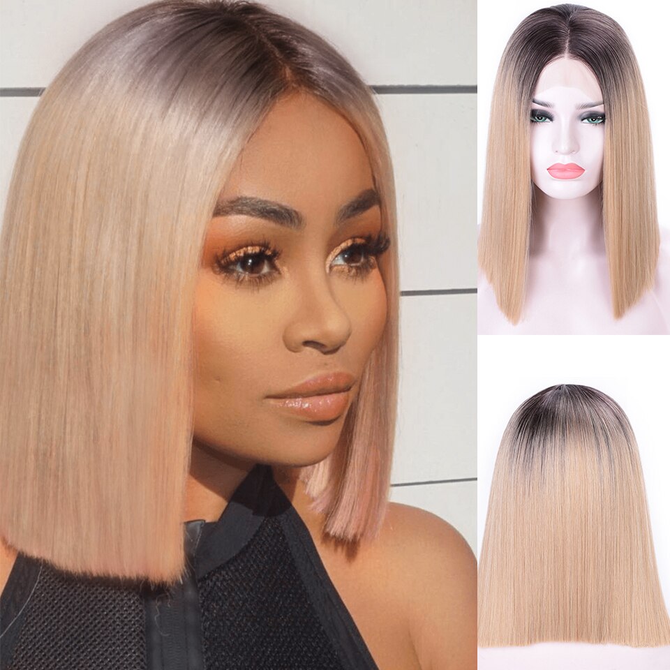Ik Een Pruik Korte Rechte Synthetische Lace Front Pruik Blonde Roze Zwart Kant Pruiken Voor Zwarte Vrouwen Natuurlijke Pruiken: blonde