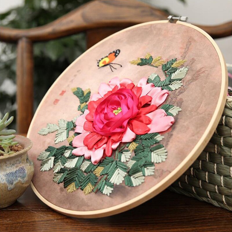 Romántico flor y mariposa sentimientos 3d Kit de punto de cruz sin terminar costura cinta bordado pintura decoración del hogar: 6-3 / 30cm bamboo Hoop Kit