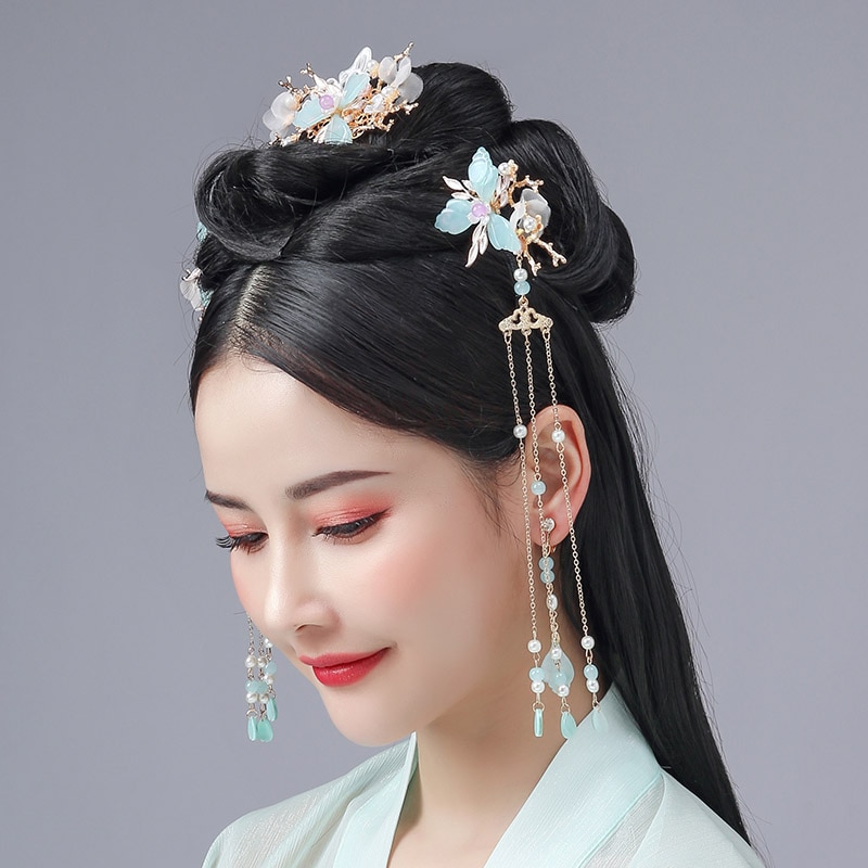 Forseven Chinese Hanfu Jurk Haarspelden Clips Vlinder Bloem Shining Crystal Parels Tassel Kammen Hoofddeksels Sieraden Sets