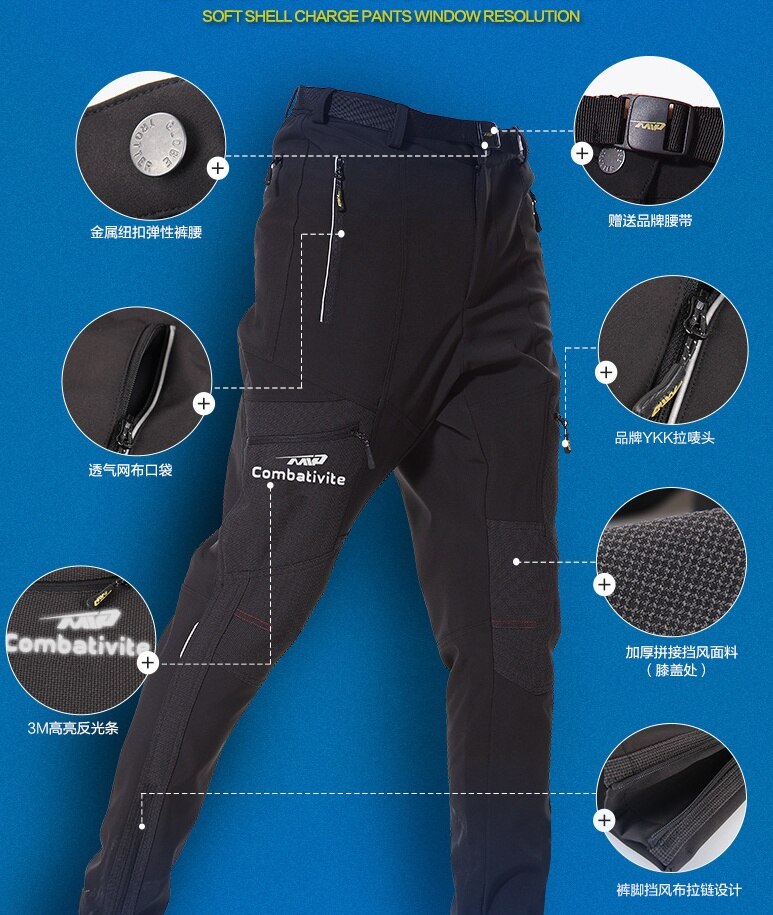 Mens Camping Hiking Pants Outdoor Windproof Thicken Fleece Softshell Pants Winter Mountaineering Trekking Bottoms MP002