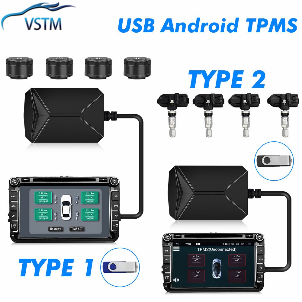 Tpms Usb Android Bandenspanningscontrolesysteem Display Alarm 5V Interne/Externe Sensoren Navigatie Auto Radio
