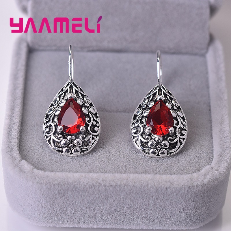 Pendientes de gota de agua de estilo Retro para mujer, Plata de Ley 925 antigua, circonita roja, tallado de flores