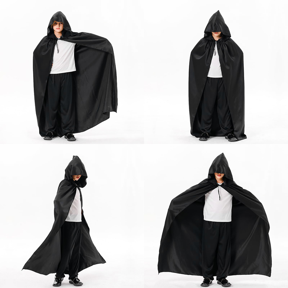 Halloween Cloak Soft Unisex Hooded Black Robe Witch Long Cape Cosplay Costume Prop Party Performance Supplies Decoration