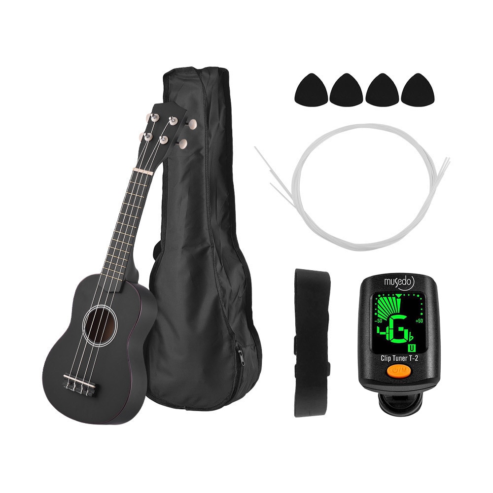 Sopran ukulele 21 ukulele sort basswood 4 strenge uke hawaii bas strenge musikinstrument sæt sæt+tuner+streng+rem+taske