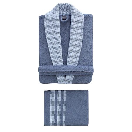 EasyHomeProduct Embroidered 100 Cotton 2 Piece Male Bathrobe Set-DENIM