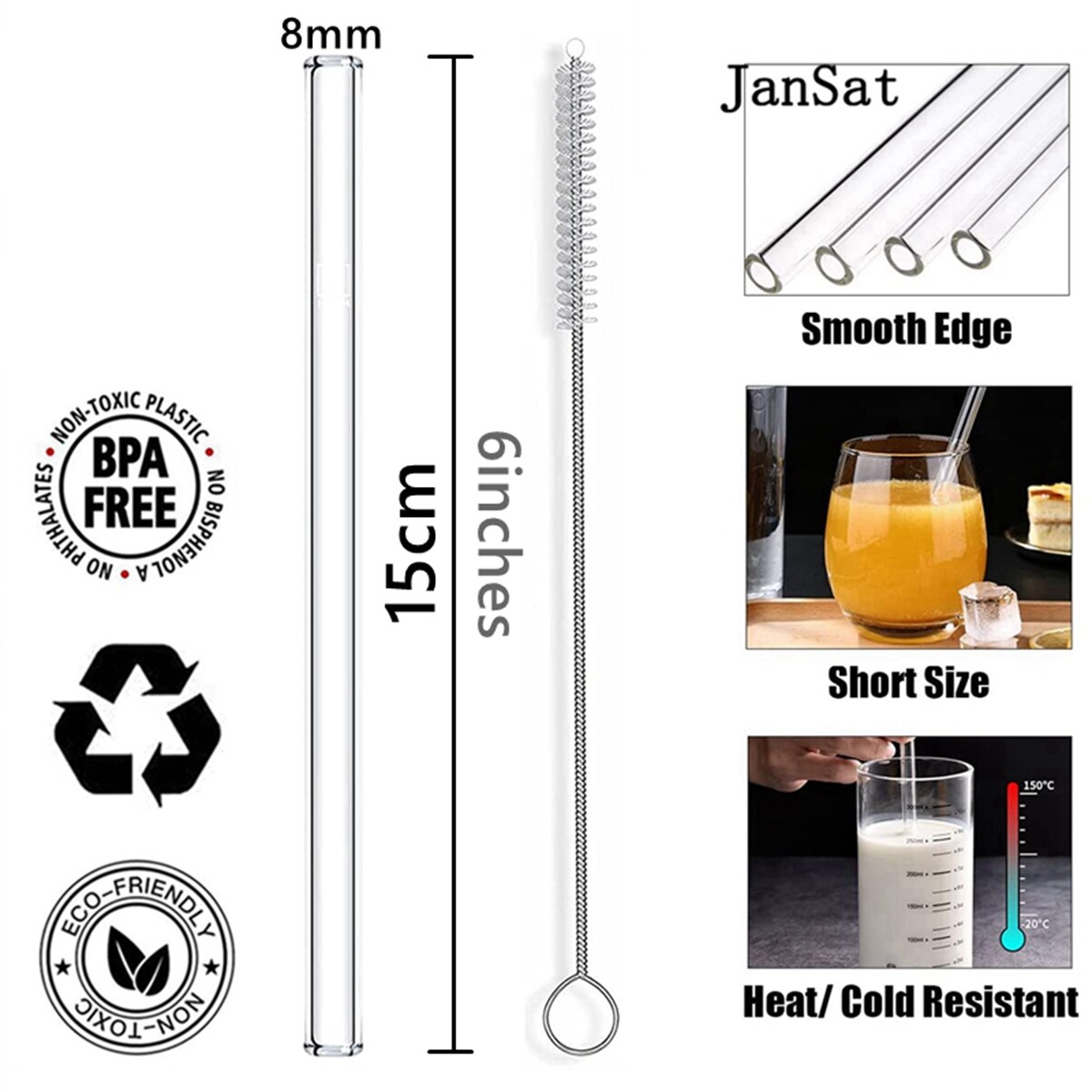 8 stk 15cm korte glas sugerør miljøvenlige genanvendelige sugerør 6 tommer mini cocktail sugerør til bar drinkware øl milkshakes
