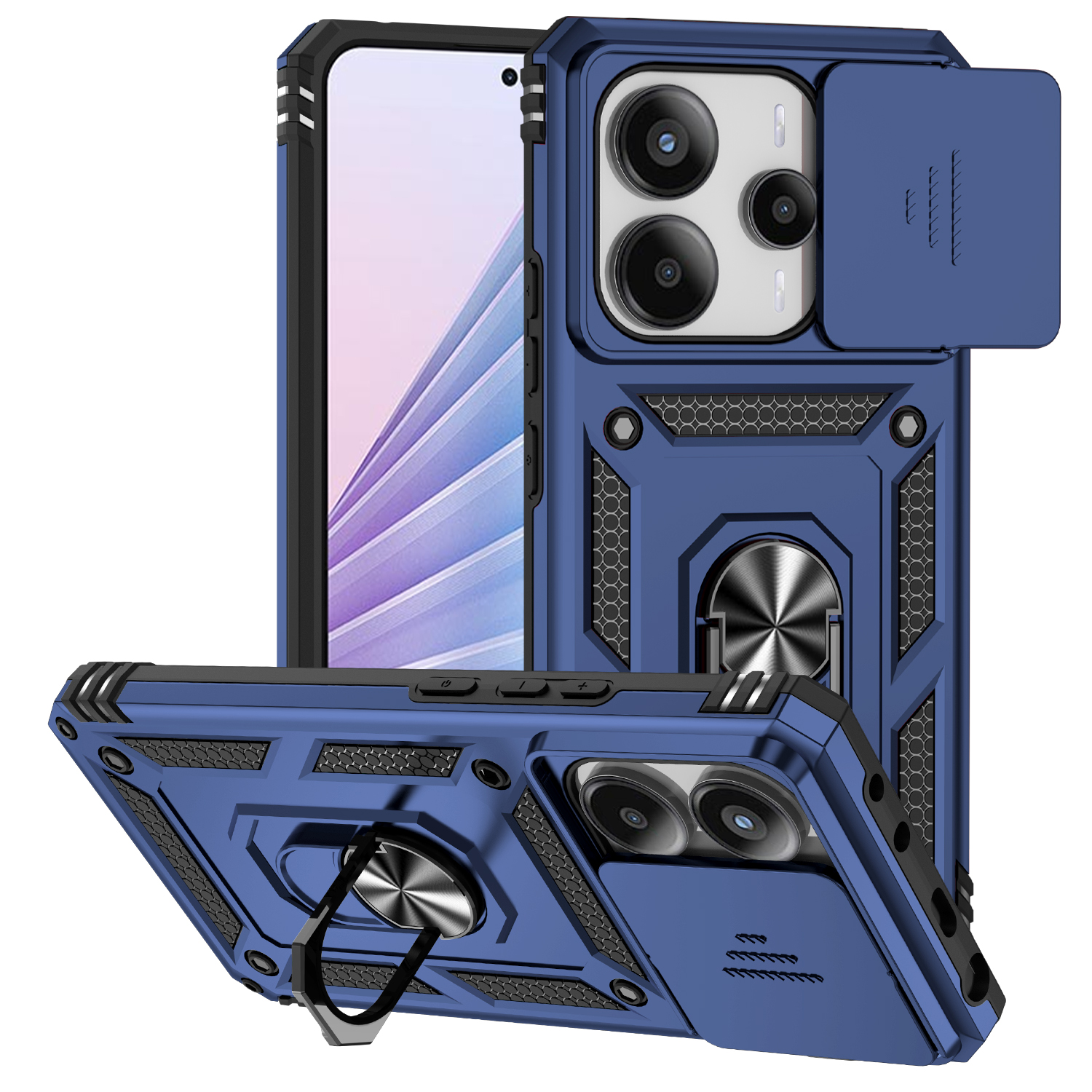 For Redmi Note 14 13 5G 4G Poco X7 Pro Note 13 Pro 5G 4G Case Ring Stand Slide Camera Lens Armor Funda for Xiaomi 14T Pro Cover: Neoprene / Blue
