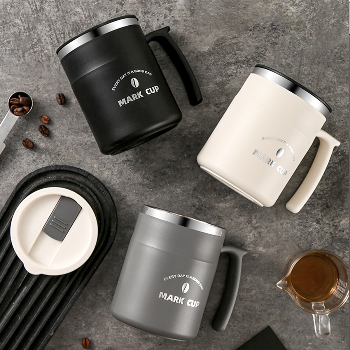 500ml dobbeltvæggede isolerede kaffekrus med hank til skolekontor, 304 forseglede drikkekopper i rustfrit stål, bærbare drikkekopper