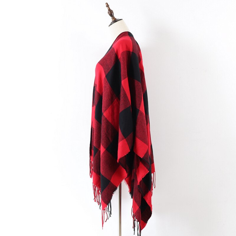 Vinter kvinder rød buffalo plaid tæppe poncho kappe overdimensioneret sjal stjal