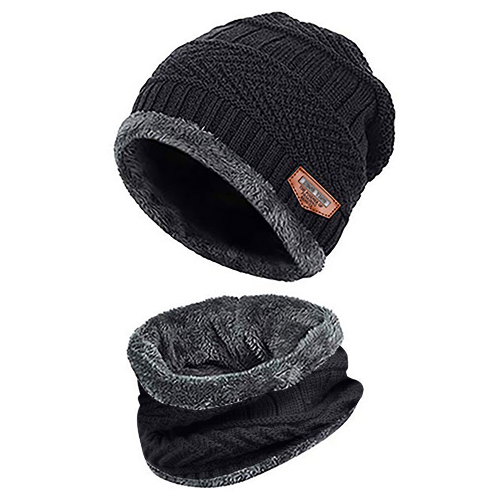 Vinter strikket hue tørklæde sæt til mænd tyk fleece varm hue hat tørklæde sæt solid strik vindtæt udendørs ski cap ring tørklæde: Sort