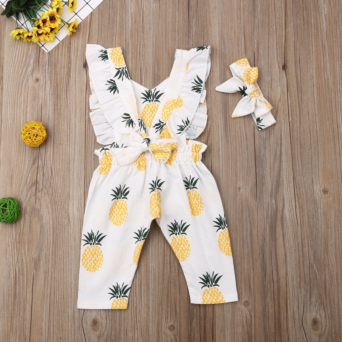 Baby Summer Clothing Newborn Baby Girl Boy Pineapple Romper Ruffle Sleeve Yellow Jumpsuit Headband Outfit Set 0-24M