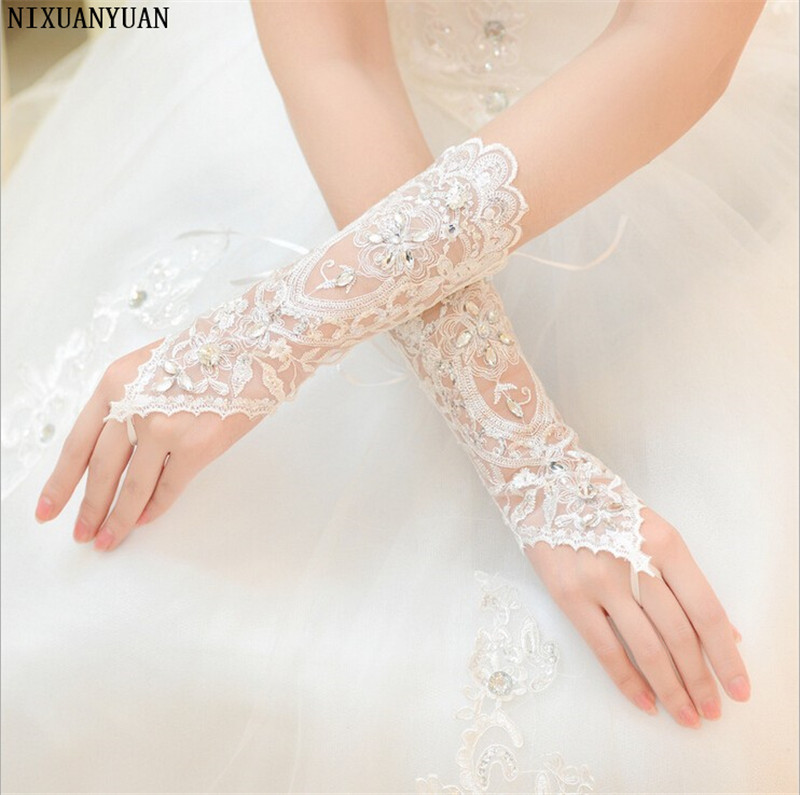 Günstige Auf Lagerbier Weiß Elfenbein Strass Kurze Braut Fingerlose Hochzeit Handschuhe Brauthandschuhe Hochzeit Zubehör