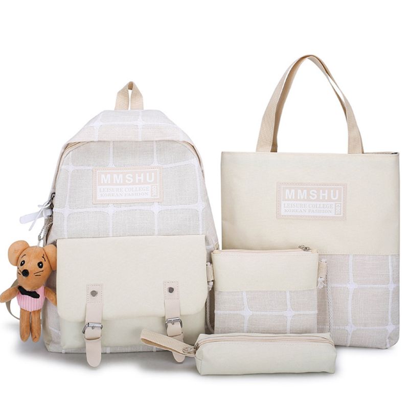 4 pçs lona escola mochila para adolescentes estudante sacos de ombro lápis estojo conjunto: beige