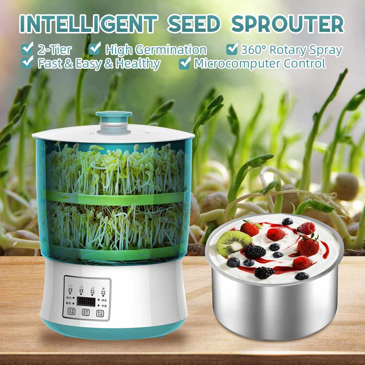2-Tier Home Use Intelligence Bean Sprouts Machine Large Capacity Thermostat Green Seeds Growing Automatic Bean Sprout Machine
