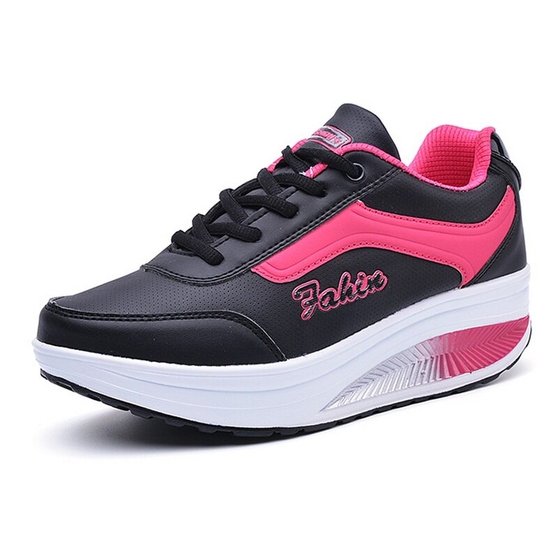 Women Fitness Slim Swing Sneakers Height Increasing Toning Shoes Ladies Lace Up Breathable Single Sneakers #B2127: Black / 7