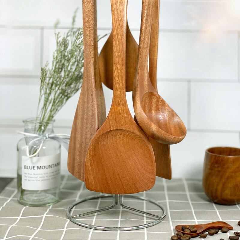 Juego de utensilios de cocina antiadherentes de madera de teca, espátula, pala, sopa, cuchara de arroz, herramienta de cocina, vajilla, 1 ud.