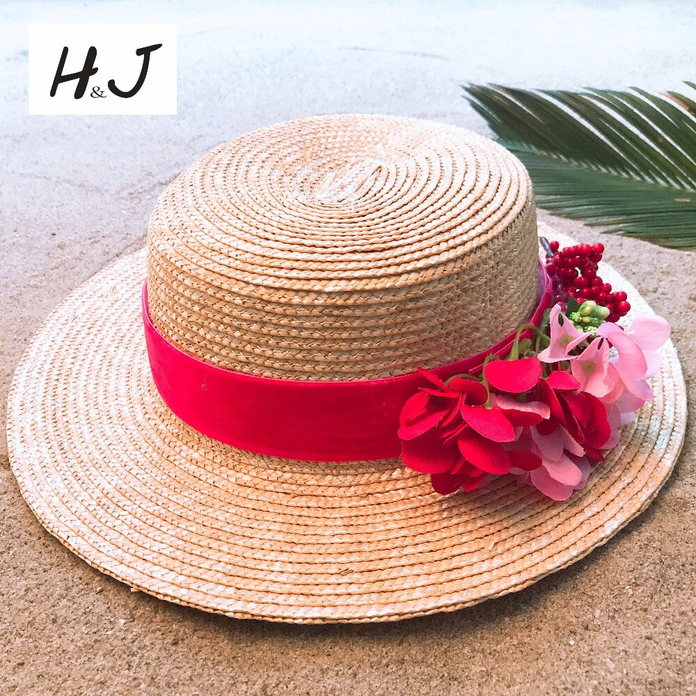 Sombrero de paja de trigo para mujer, gorro de sol plano con flor roja para playa, verano, , 100%