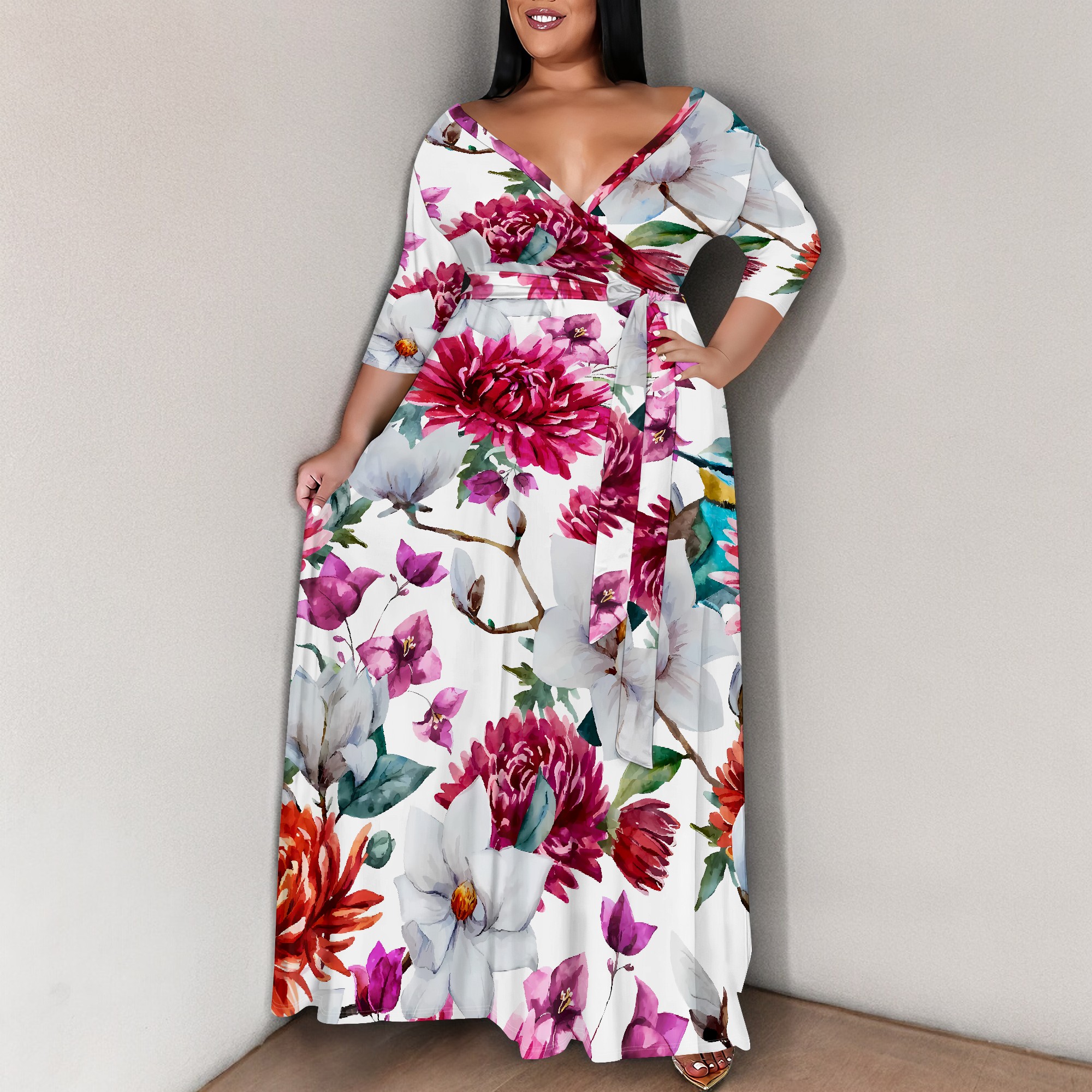 Plus size vit blommig maxiklänning röd pionmönstrad v-ringad omlottklänning fest semesterstil