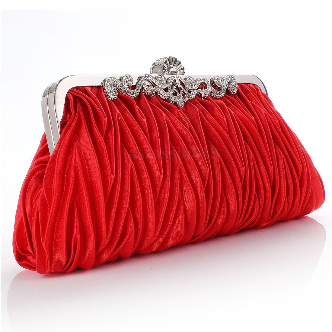 Women Pleated Satin Clutch Wedding Evening Bag Party Bridal Handbag Purse Bags: Red