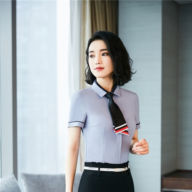 Summer Formal Women Blouses & Shirts Gray With Tie Short Sleeve Ladies Office Uniform Styles Blouse Female Clothes