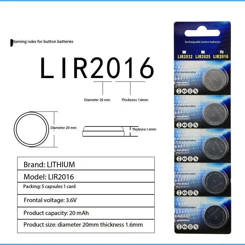 3,6 V wiederaufladbare Knopfbatterien LIR2032 LIR2016 LIR2025 – hohe Kapazität, 500 Zyklen, für verschiedene elektronische Geräte