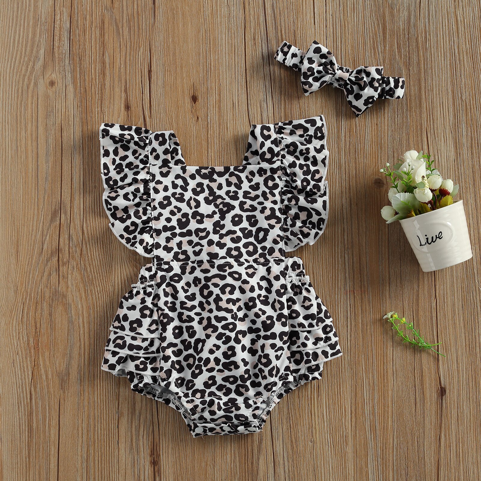Summer Clothes Newborn Baby Girls Boys Leopard/Floral Rompers Headband Ruffles Short Sleeve Backless Jumpsuits Outfit 0-24M