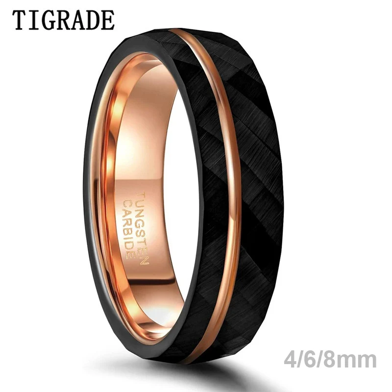 Tigrade 4Mm 6Mm 8Mm Zwart Wolfraam Ringen Voor Mannen Vrouwen Dunne Rose Goud Groef Gehamerd Trouwring Comfort Fit Maat 5-14