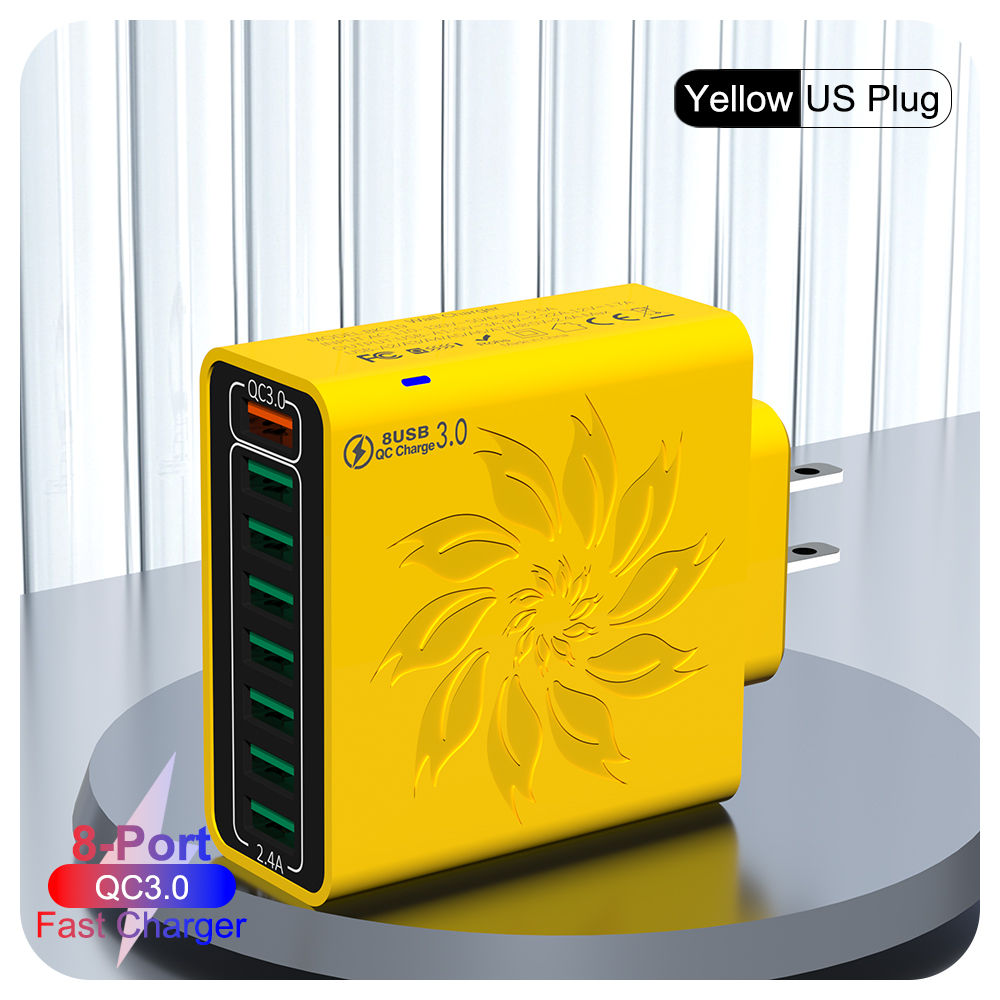 65W Huishoudelijke 8 Poorten USB-oplader met datakabel voor meerdere apparaten USB Snel opladen Muuradapter Quick Charge 3.0 Oplader: Blauw