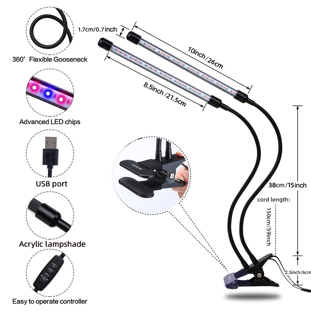 Luz LED USB para cultivo de plantas, jardín interior, 10 niveles regulables, luz de cultivo, temporizador de espectro completo, ajuste de invernadero hidropónico 3H/9H/12H