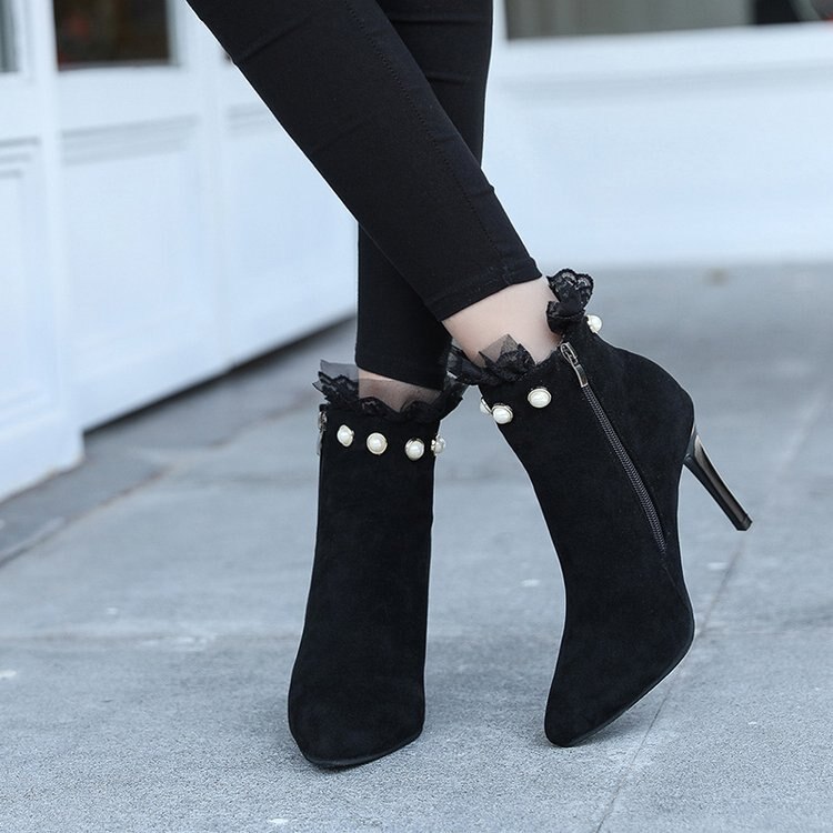 Perle retourné dentelle mi-mollet bottes pour femmes bout pointu automne bottes haute fermeture éclair talons minces hiver dames chaussures