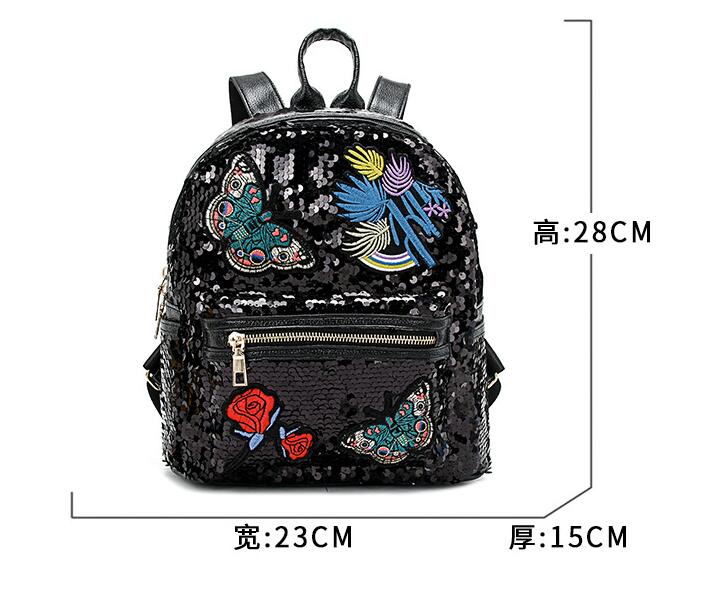 Glitter Pailletten Borduurwerk Rugzak Vrouwen Mode Reizen Rugzak Rose Vlinder Patched Schooltas Mochilas