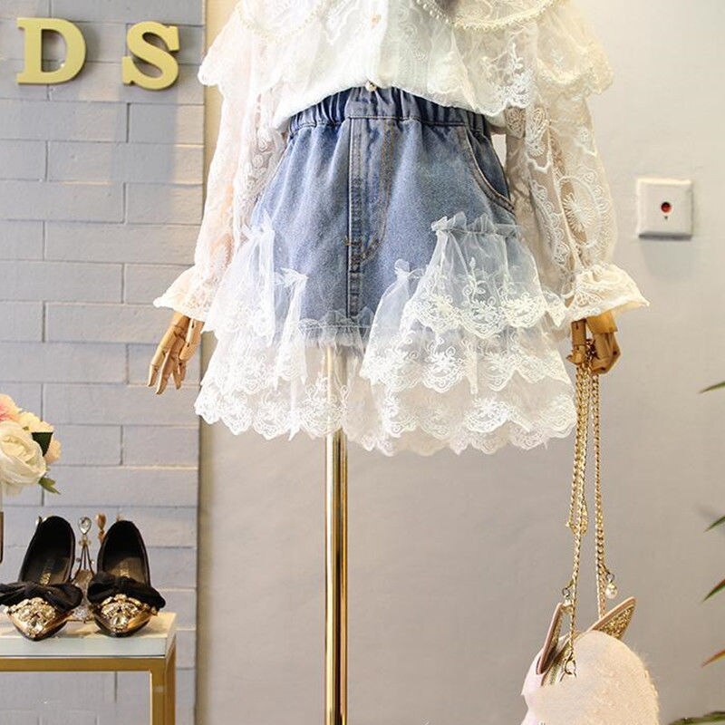 Grote Meisje Kids Kant Denim Rokken Meisje Kinderen Casual Geplooide Jeans Rok Kinderen Zomer Kleding 2 om 13 Yr