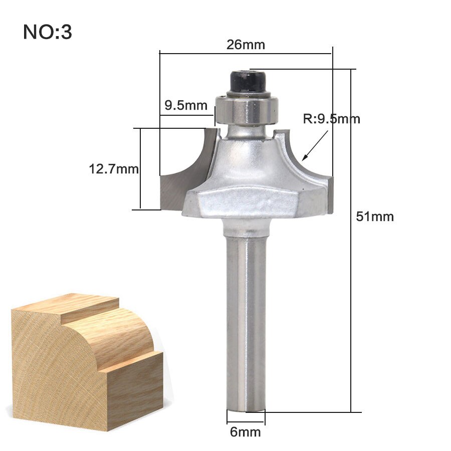 1 stk/sæt rundbor med leje 6mm skaft svalehalefræser bit fræser træbearbejdning: No3