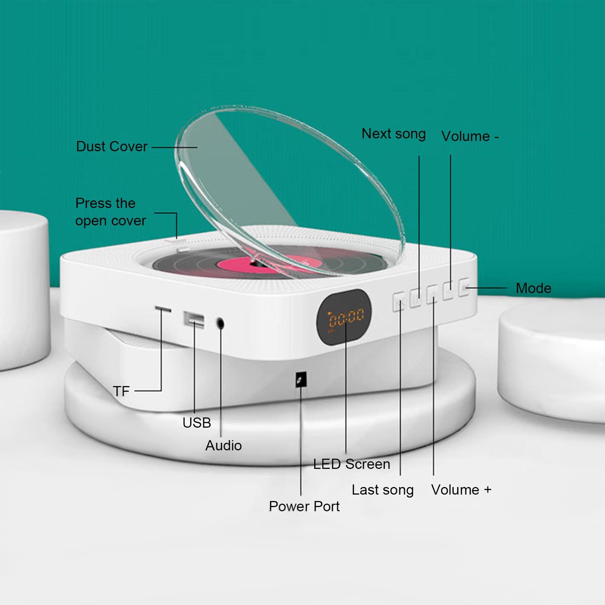 Reproductor de CD portátil, Altavoz Bluetooth, reproductor de CD estéreo, pantalla LED, reproductor de música de CD montable en pared con Control remoto IR, Radio FM