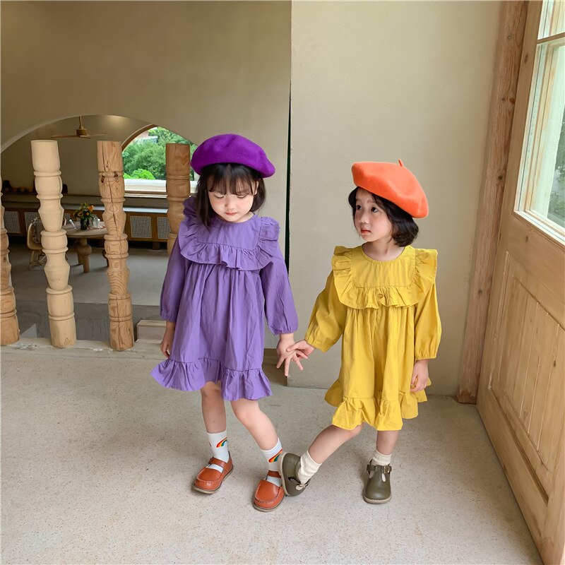 Autumn Girls Solid Long Sleeve Dress Kids Korean Dress