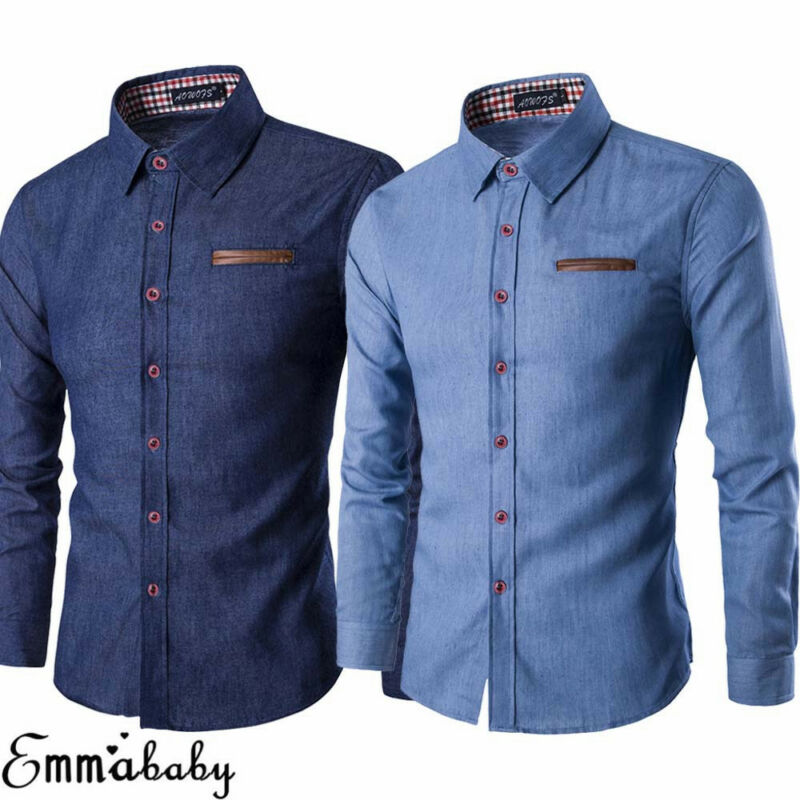 Märke män casual slim fit snygg tvätt denim långärmade jeansskjortor smart casual herrkläder m-xxxl