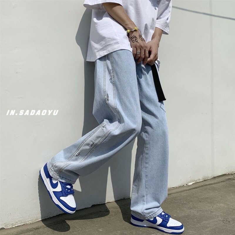 Summer Ripped Wide-leg Jeans Men's Retro Harajuku Baggy Jeans Men Streetwear Loose Hip-hop Straight Denim Trousers Mens