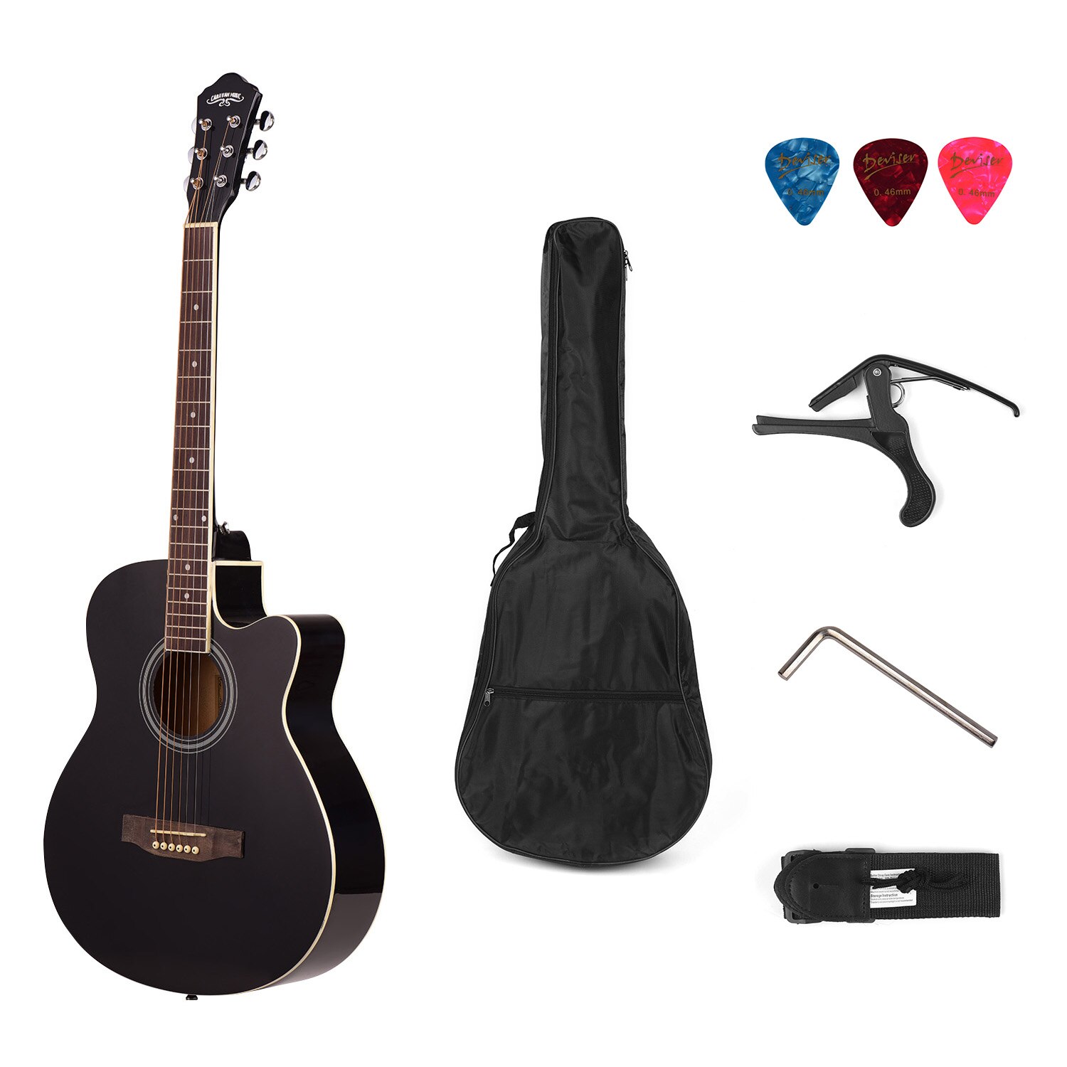 40inch Cutaway Acoustic Folk Guitar 6 Strings Basswood with Strap Gig Bag Capo Picks Guitar Accessories: Black