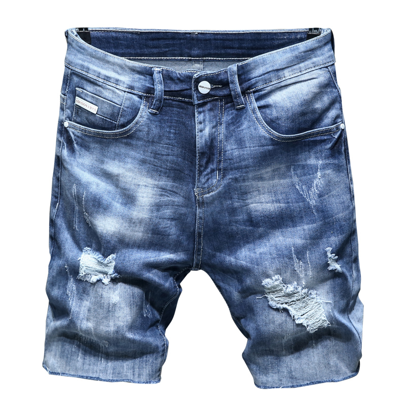 Summer Men's Ripped Short Jeans Casual Trend Stretch Blue Denim Shorts Male Brand Clothes