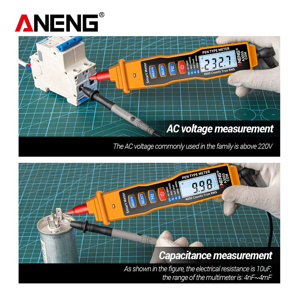 Aneng  a3003 digital pen multimeter 4000 tæller smart meter med ncv ac/dc spændingsmodstand kapacitans testere