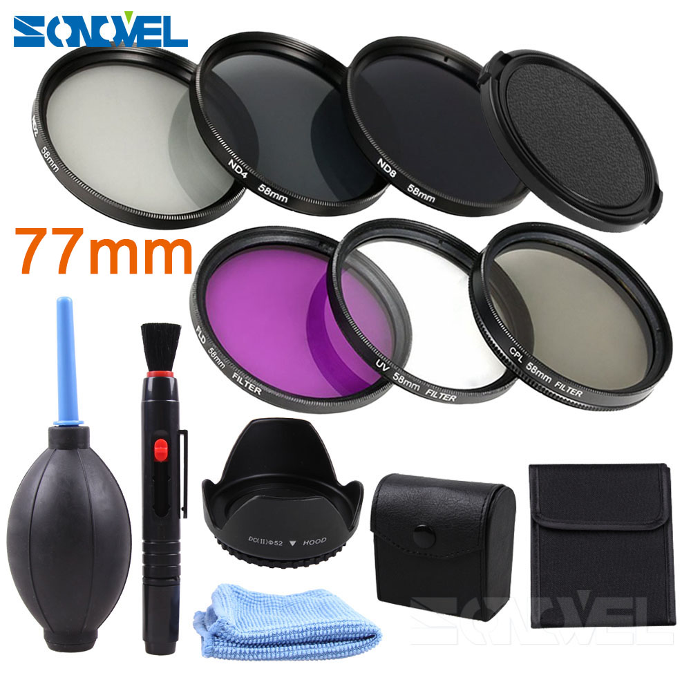 49 52 55 58 62 67 72 77 82mm UV CPL FLD ND2 ND4 ND8 Grijsfilter Kit + zonnekap + Cleaning kit Voor Canon Sony Nikon: 77mm