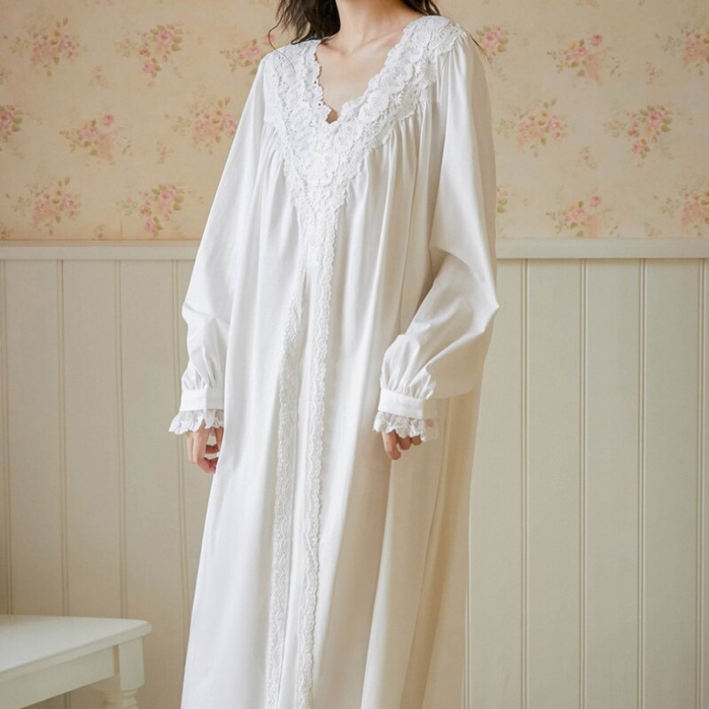 Victoriaanse Katoen Nacht Jurk Vrouwen Herfst Witte Lange Peignoir Grote Maat Vintage Robe Gown Romantische Nachtjapon Prinses Nachtkleding
