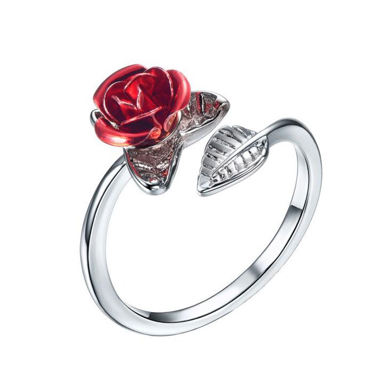 Frauen Ring Rote Rose Garten Blume Blätter Öffnen Ring Resizable Finger Ringe Für Frauen Valentinstag Schmuck: Silver