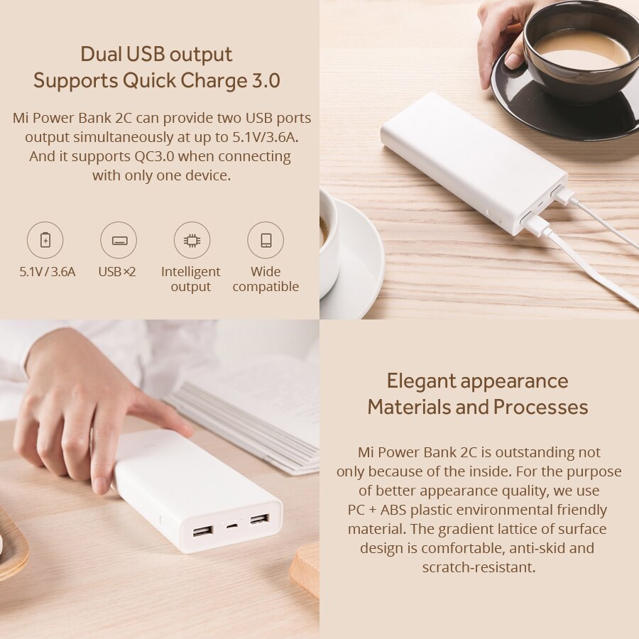 Xiao mi mi batterie externe 2C 20000mAh Charge Rapide Externe chargeur de batterie Portable mi cro USB Portable Bateria Externe Chargeur Portable