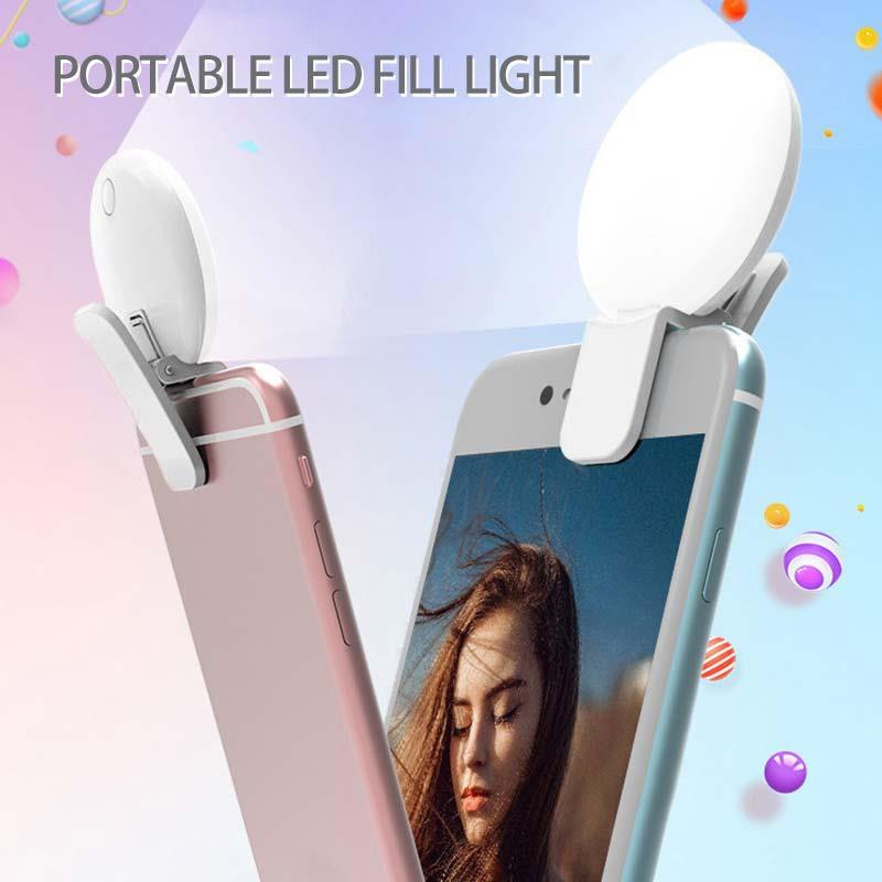 Cámara portátil anillo LED llenar luz Flash para teléfono con puerto de carga USB puede ser cargado con Banco de la energía del ordenador, etc.